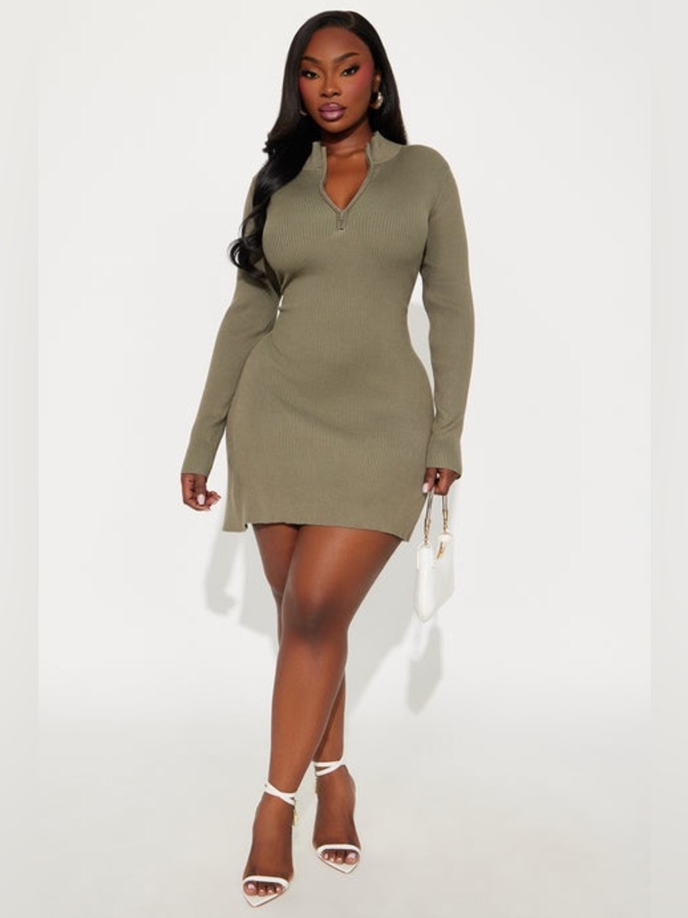 Fashion Nova Olive Ribbed Long Sleeve Mini Dress